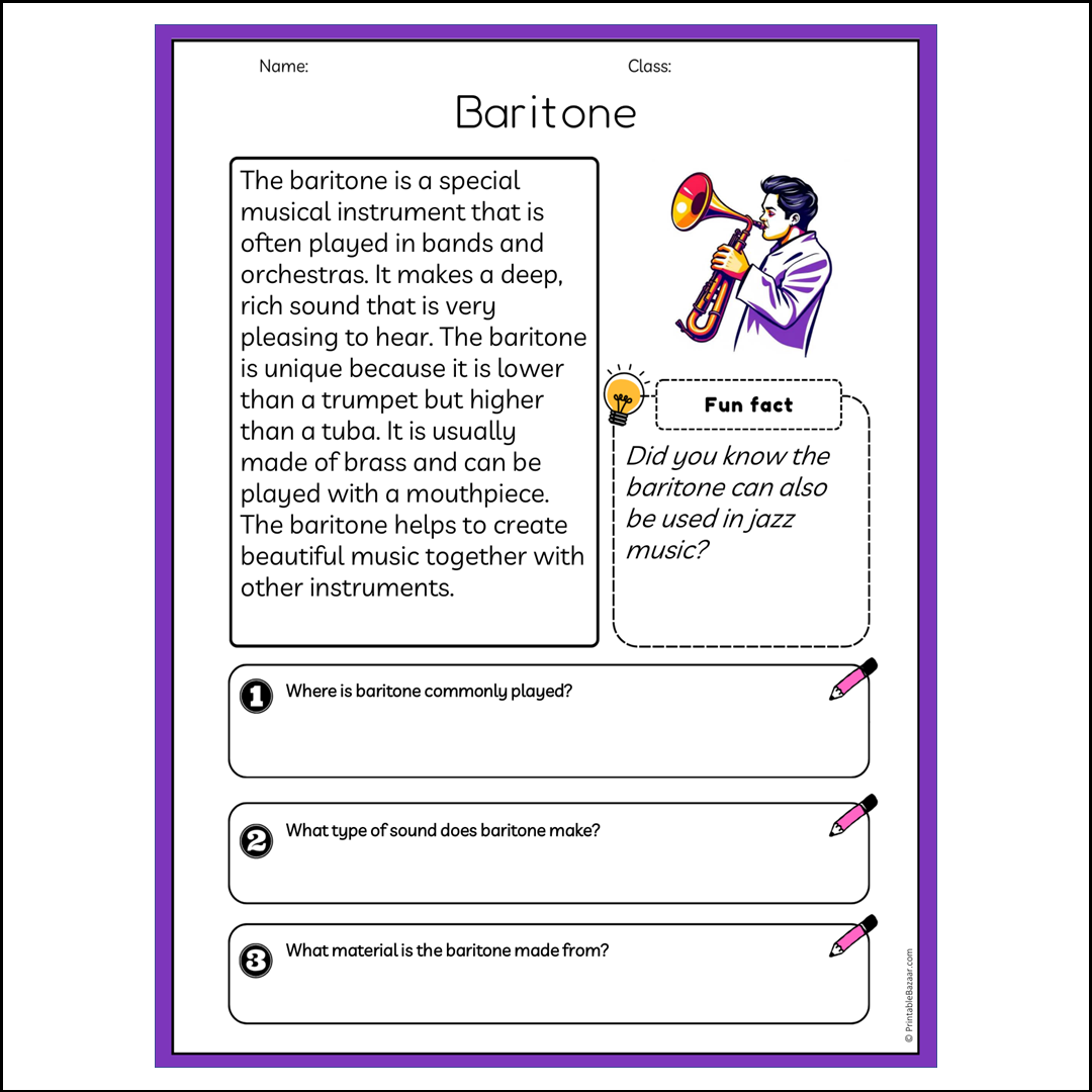 Baritone | Reading Passage Comprehension Questions Writing Facts Worksheet