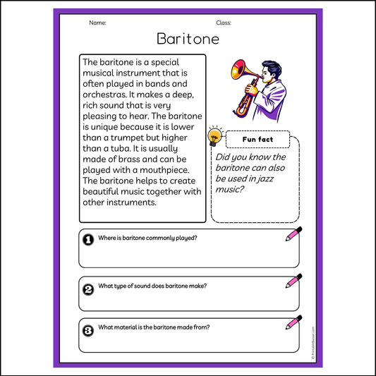 Baritone | Reading Passage Comprehension Questions Writing Facts Worksheet