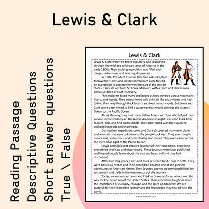 Lewis & Clark | Reading Comprehension Passage Printable Activity