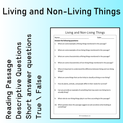 Living and Non-Living Things | Reading Comprehension Passage Printable Worksheet