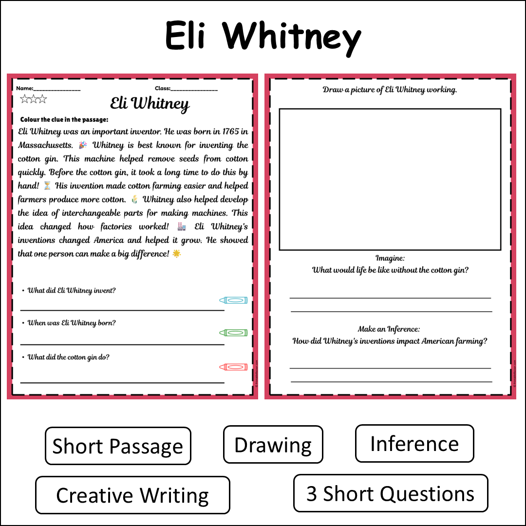Eli Whitney | Short Reading Comprehension Creative Worksheet