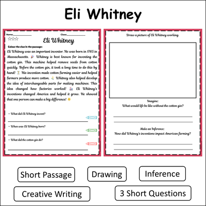 Eli Whitney | Short Reading Comprehension Creative Worksheet