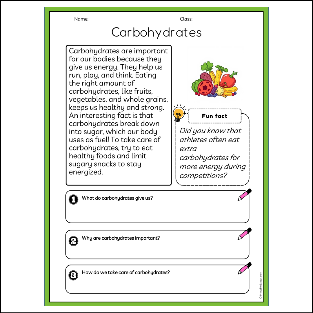 Carbohydrates | Reading Passage Comprehension Questions Writing Facts Worksheet