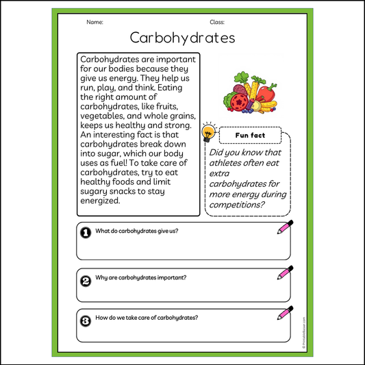 Carbohydrates | Reading Passage Comprehension Questions Writing Facts Worksheet