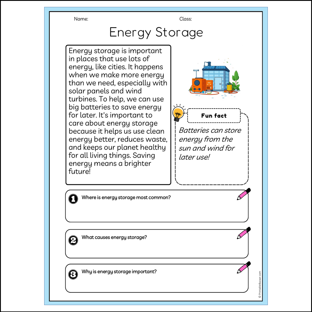 Energy Storage | Reading Passage Comprehension Questions Writing Facts Worksheet