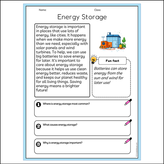 Energy Storage | Reading Passage Comprehension Questions Writing Facts Worksheet