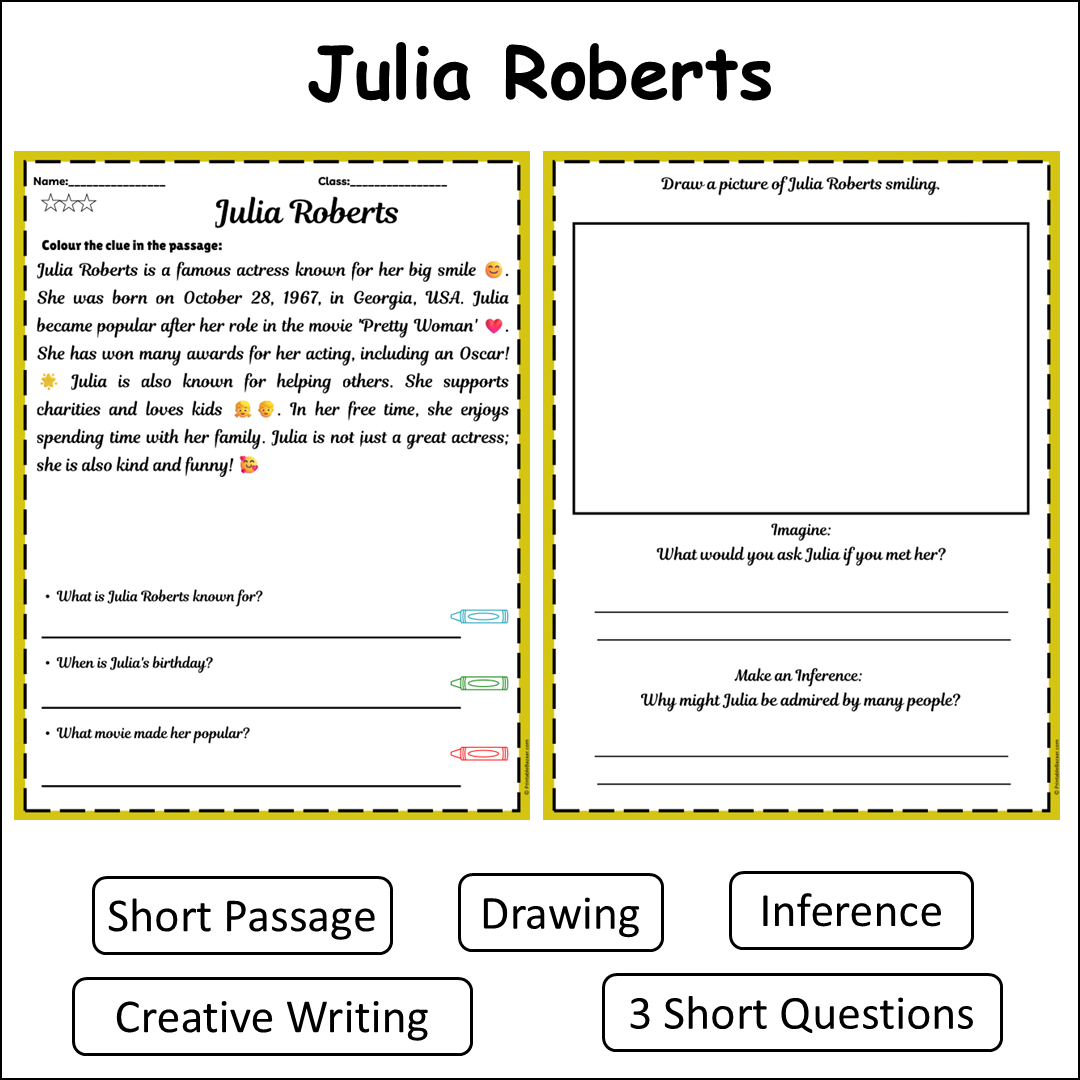 Julia Roberts | Short Reading Comprehension Creative Worksheet