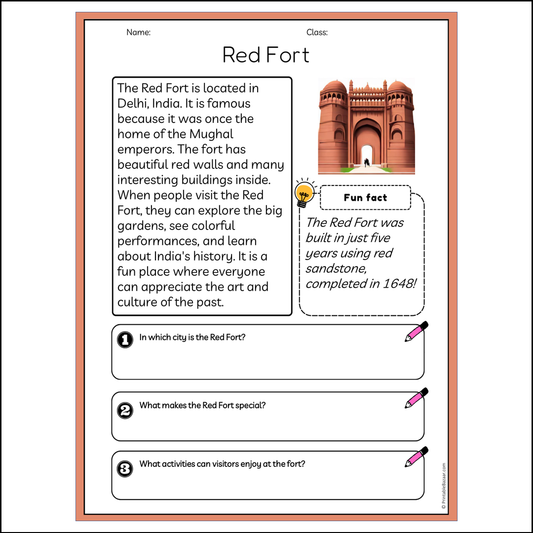 Red Fort | Reading Passage Comprehension Questions Writing Facts Worksheet