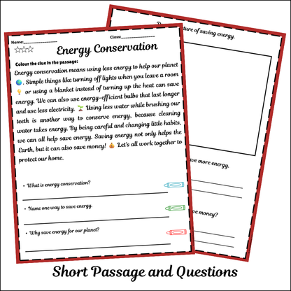 Energy Conservation | Short Reading Comprehension Creative Worksheet