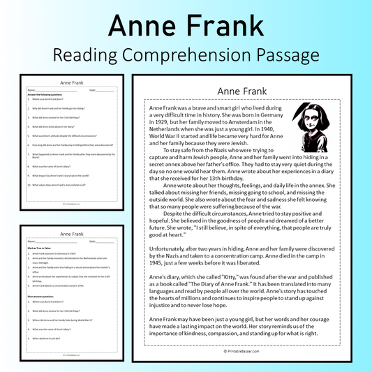 Anne Frank | Reading Comprehension Passage Printable Worksheet