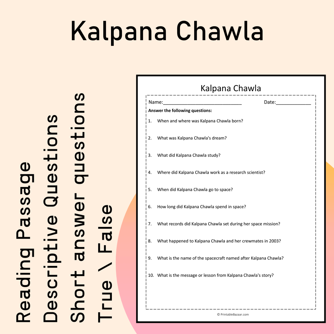Kalpana Chawla | Reading Comprehension Passage Printable Activity