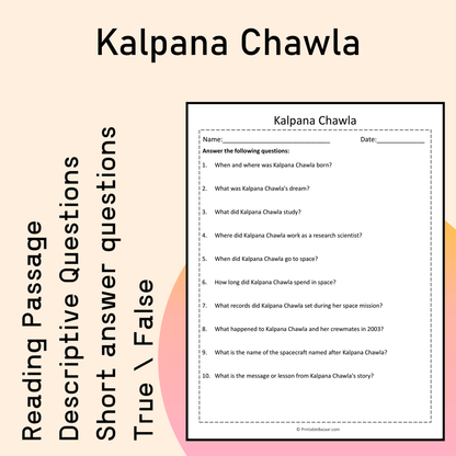 Kalpana Chawla | Reading Comprehension Passage Printable Activity