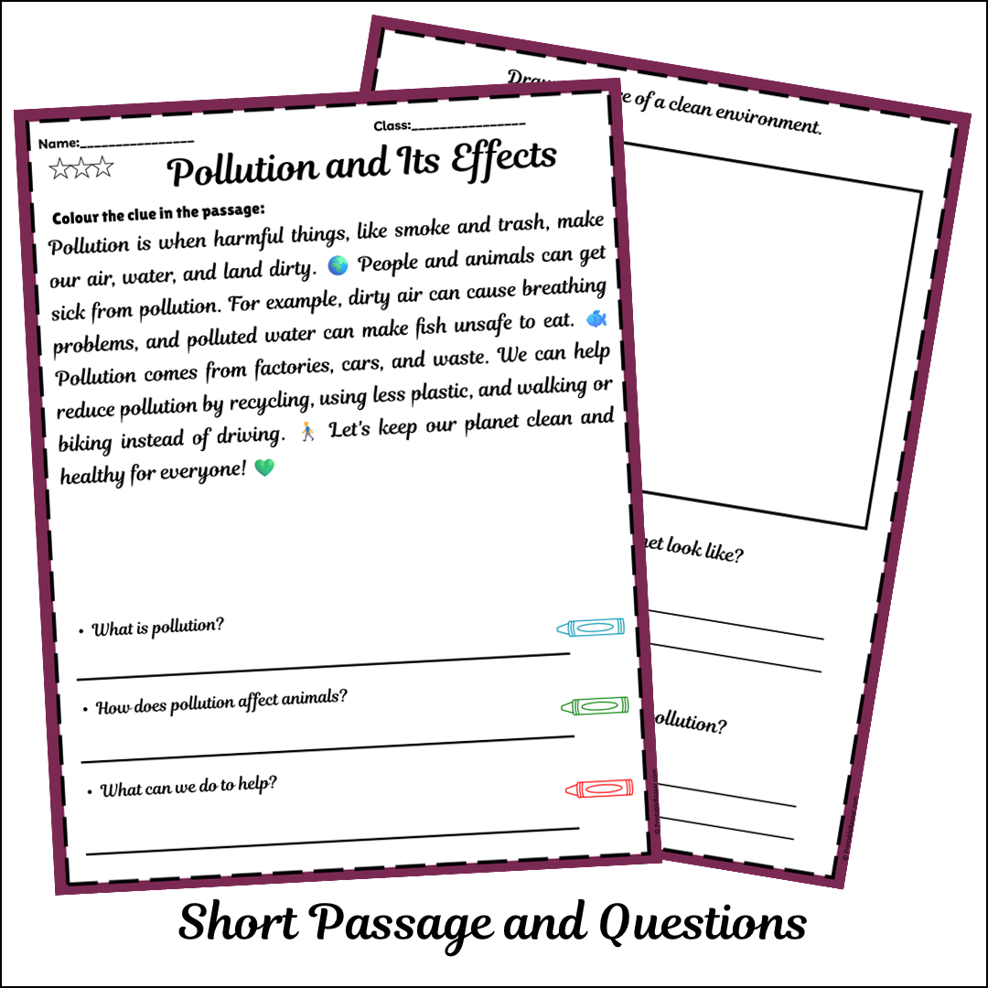 Pollution and Its Effects | Short Reading Comprehension Creative Worksheet