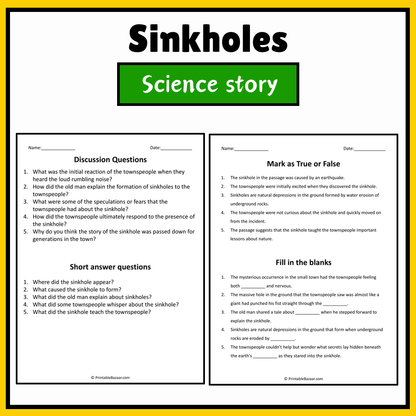 Sinkholes | Science Story Reading Comprehension Activity