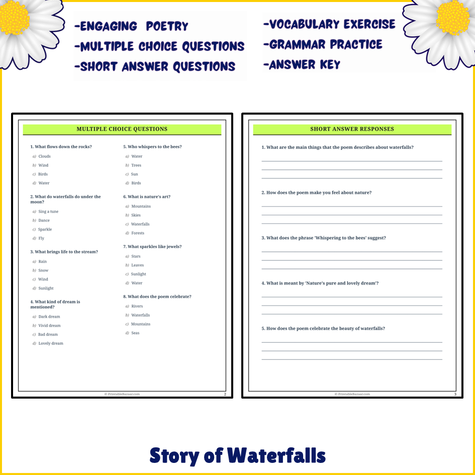 Story of Waterfalls | Poem Grammar Worksheet Printable Activity