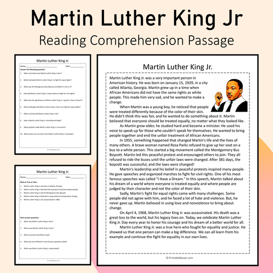 Martin Luther King Jr | Reading Comprehension Passage Printable Activity