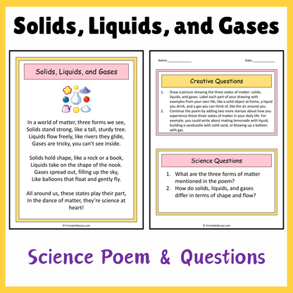 Solids, Liquids, and Gases | Science Poem Reading Comprehension Activity