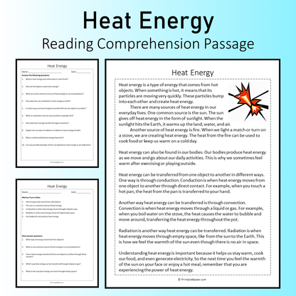 Heat Energy | Reading Comprehension Passage Printable Worksheet