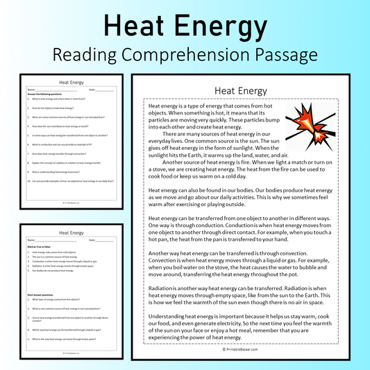 Heat Energy | Reading Comprehension Passage Printable Worksheet