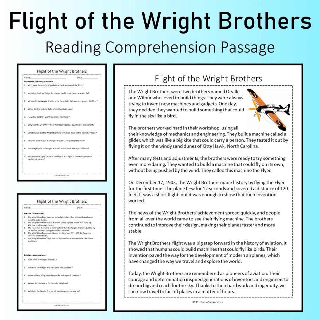 Flight of the Wright Brothers | Reading Comprehension Passage Printable Worksheet