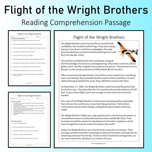 Flight of the Wright Brothers | Reading Comprehension Passage Printable Worksheet