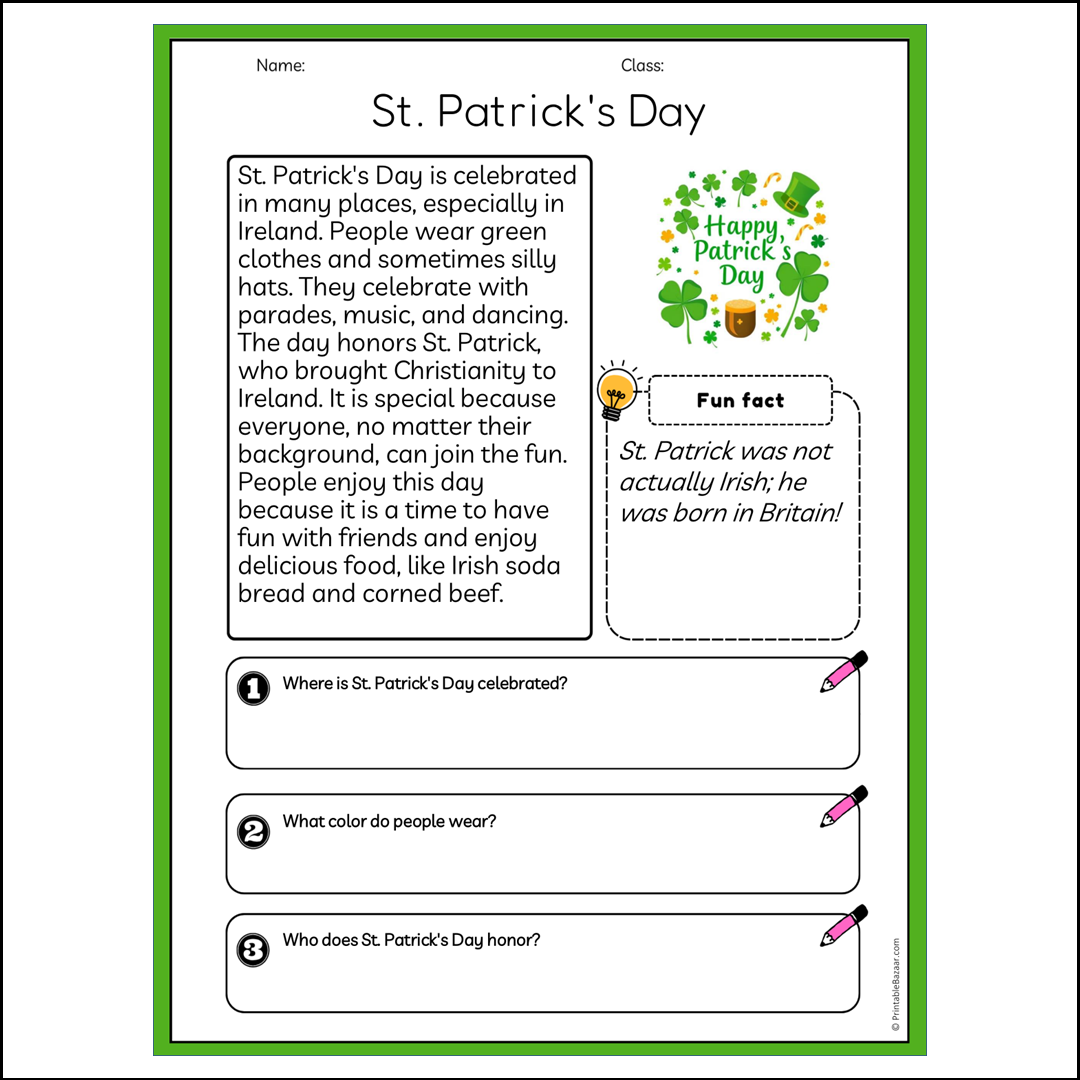 St. Patrick's Day | Reading Passage Comprehension Questions Writing Facts Worksheet