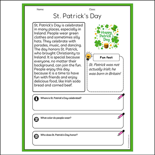 St. Patrick's Day | Reading Passage Comprehension Questions Writing Facts Worksheet