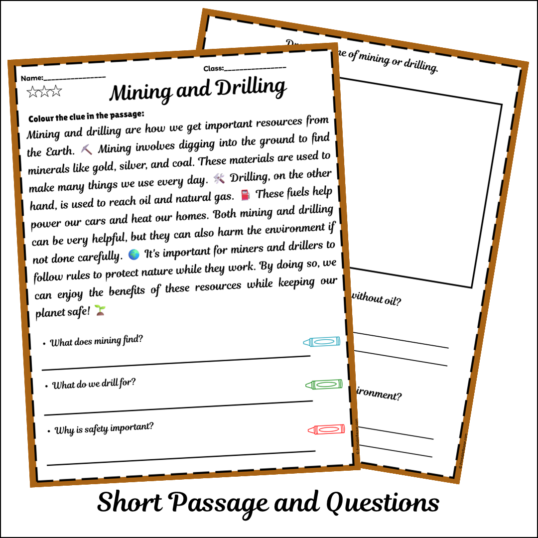 Mining and Drilling | Short Reading Comprehension Creative Worksheet