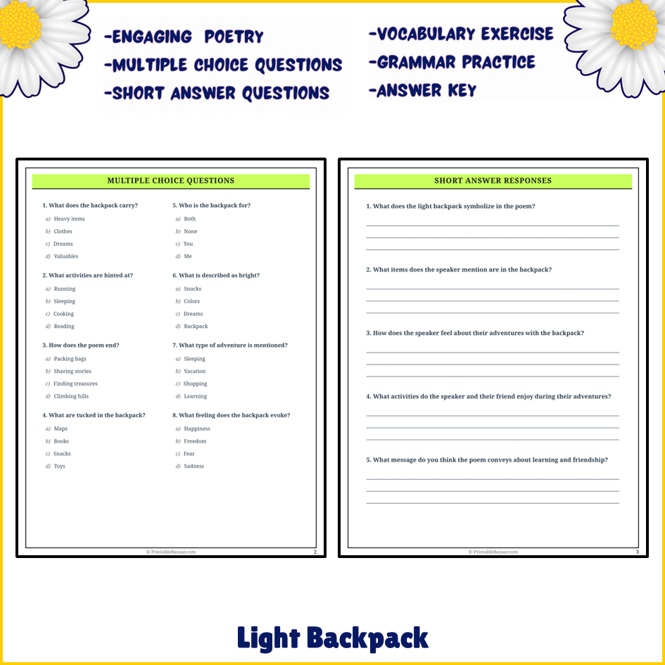 Light Backpack | Poem Grammar Worksheet Printable Activity ...