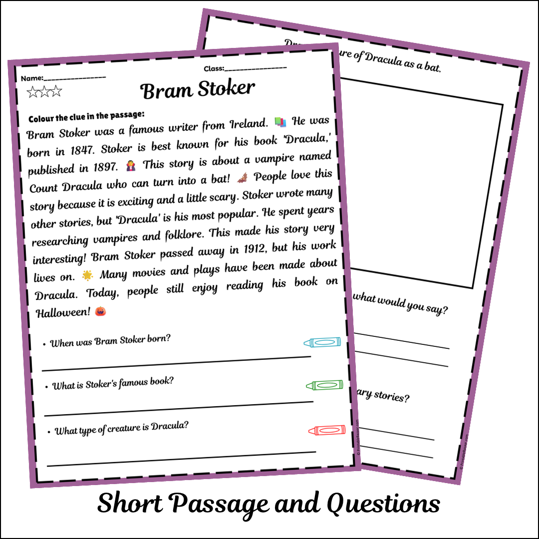 Bram Stoker | Short Reading Comprehension Creative Worksheet