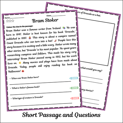 Bram Stoker | Short Reading Comprehension Creative Worksheet
