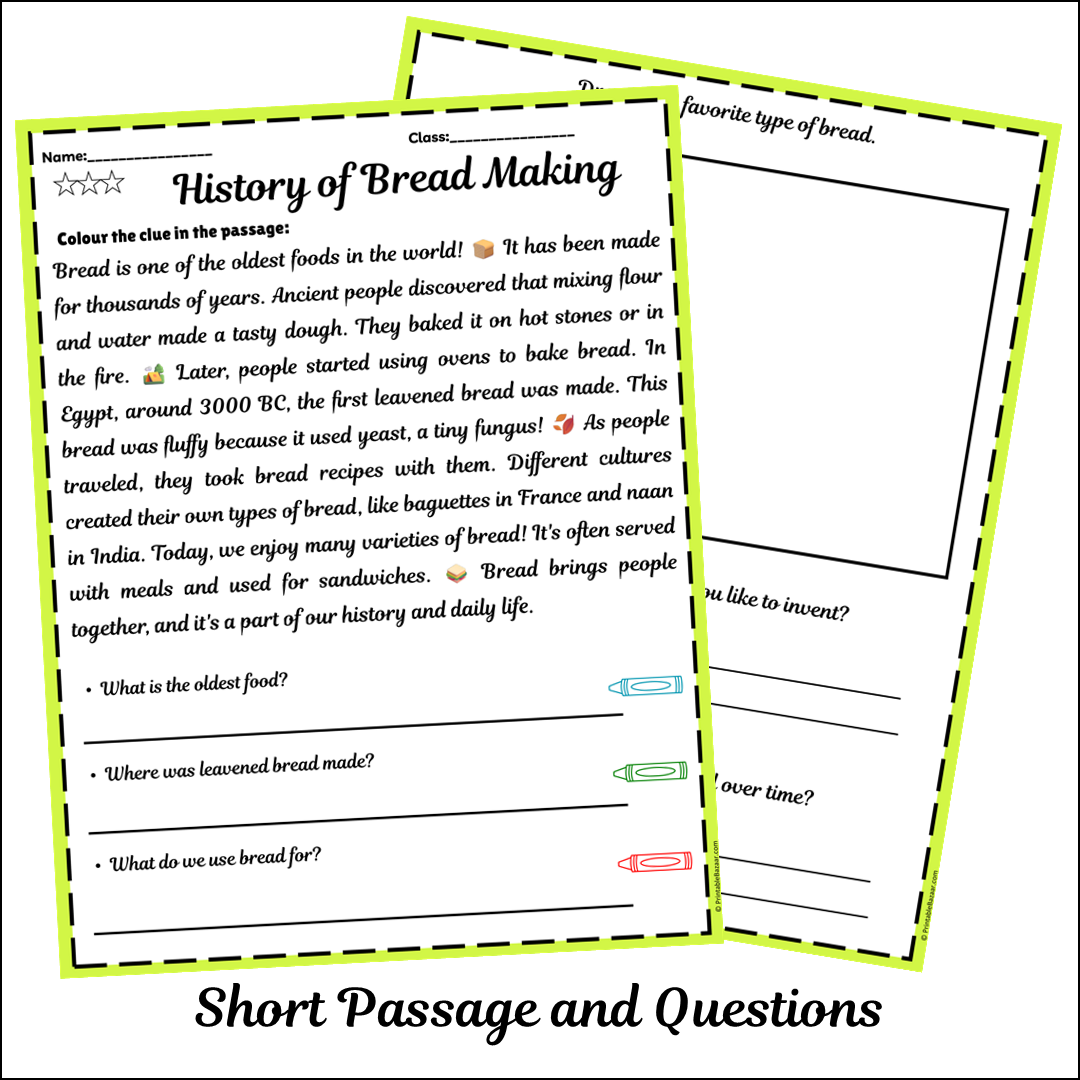 History of Bread Making | Short Reading Comprehension Creative Worksheet