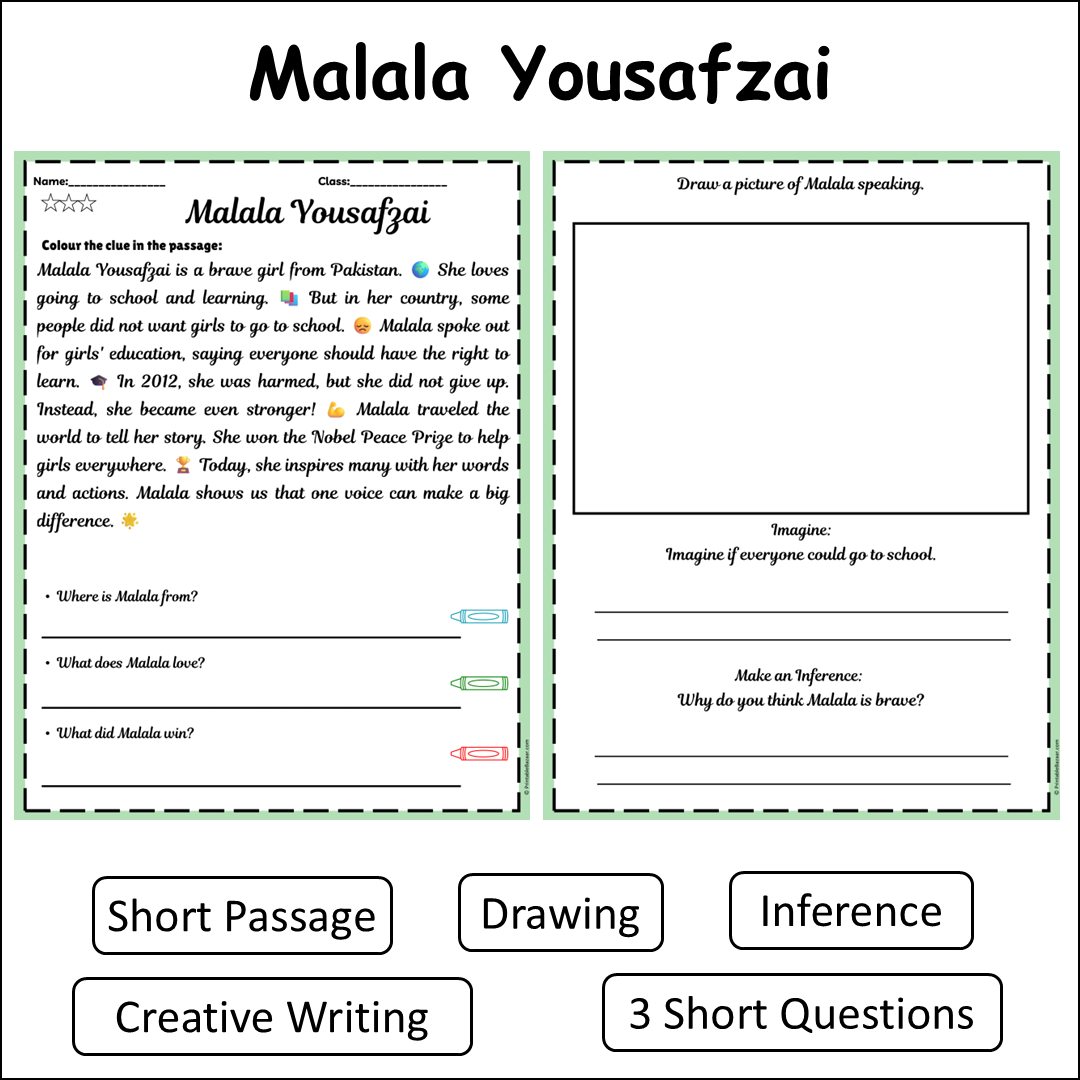 Malala Yousafzai | Short Reading Comprehension Creative Worksheet