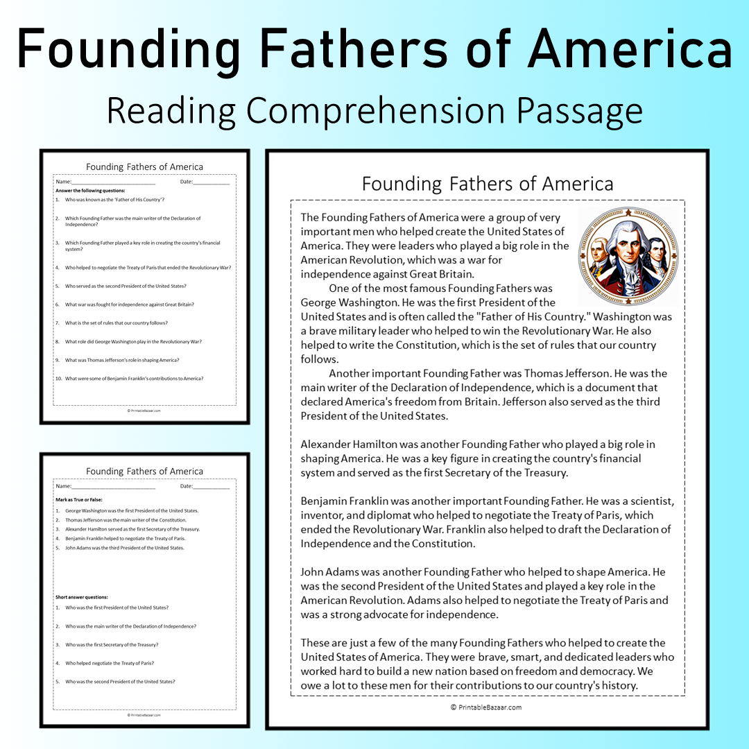 Founding Fathers of America | Reading Comprehension Passage Printable Worksheet