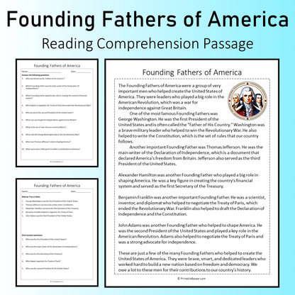 Founding Fathers of America | Reading Comprehension Passage Printable Worksheet