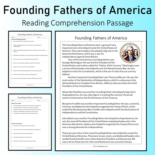 Founding Fathers of America | Reading Comprehension Passage Printable Worksheet
