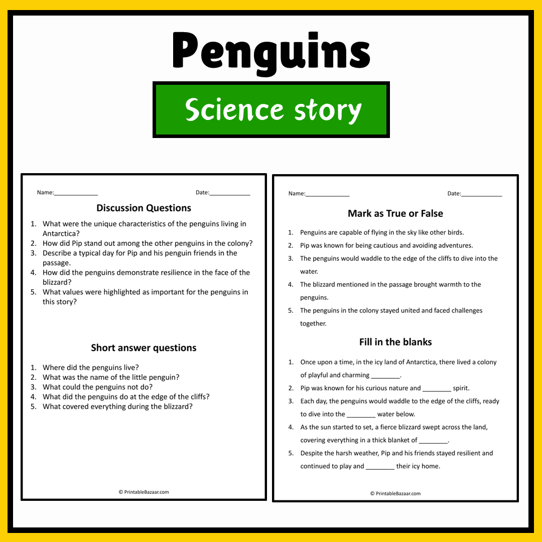 Penguins | Science Story Reading Comprehension Activity
