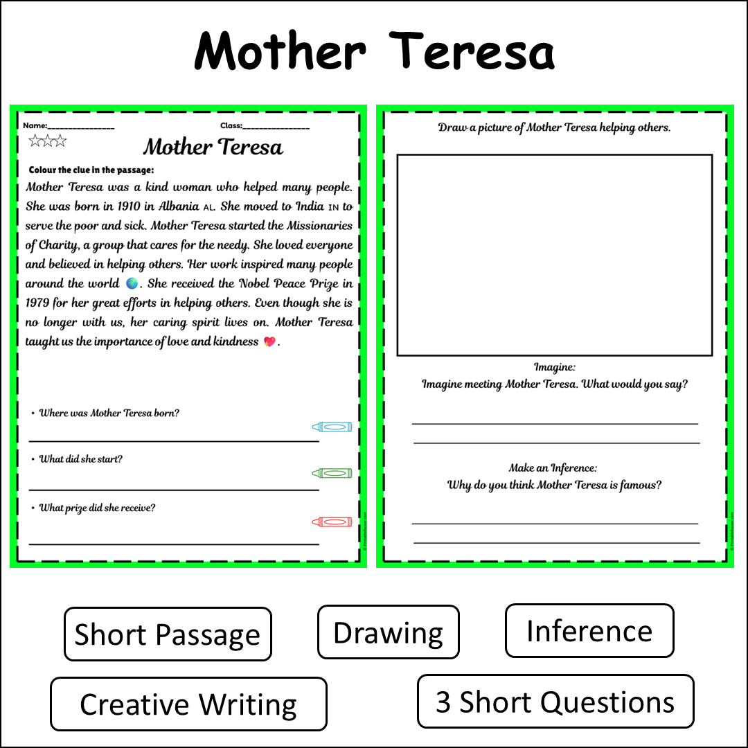 Mother Teresa | Short Reading Comprehension Creative Worksheet