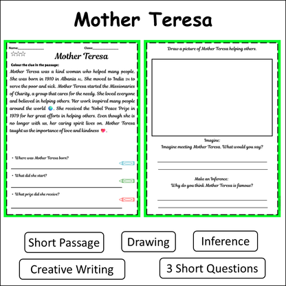 Mother Teresa | Short Reading Comprehension Creative Worksheet