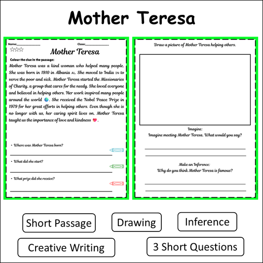 Mother Teresa | Short Reading Comprehension Creative Worksheet