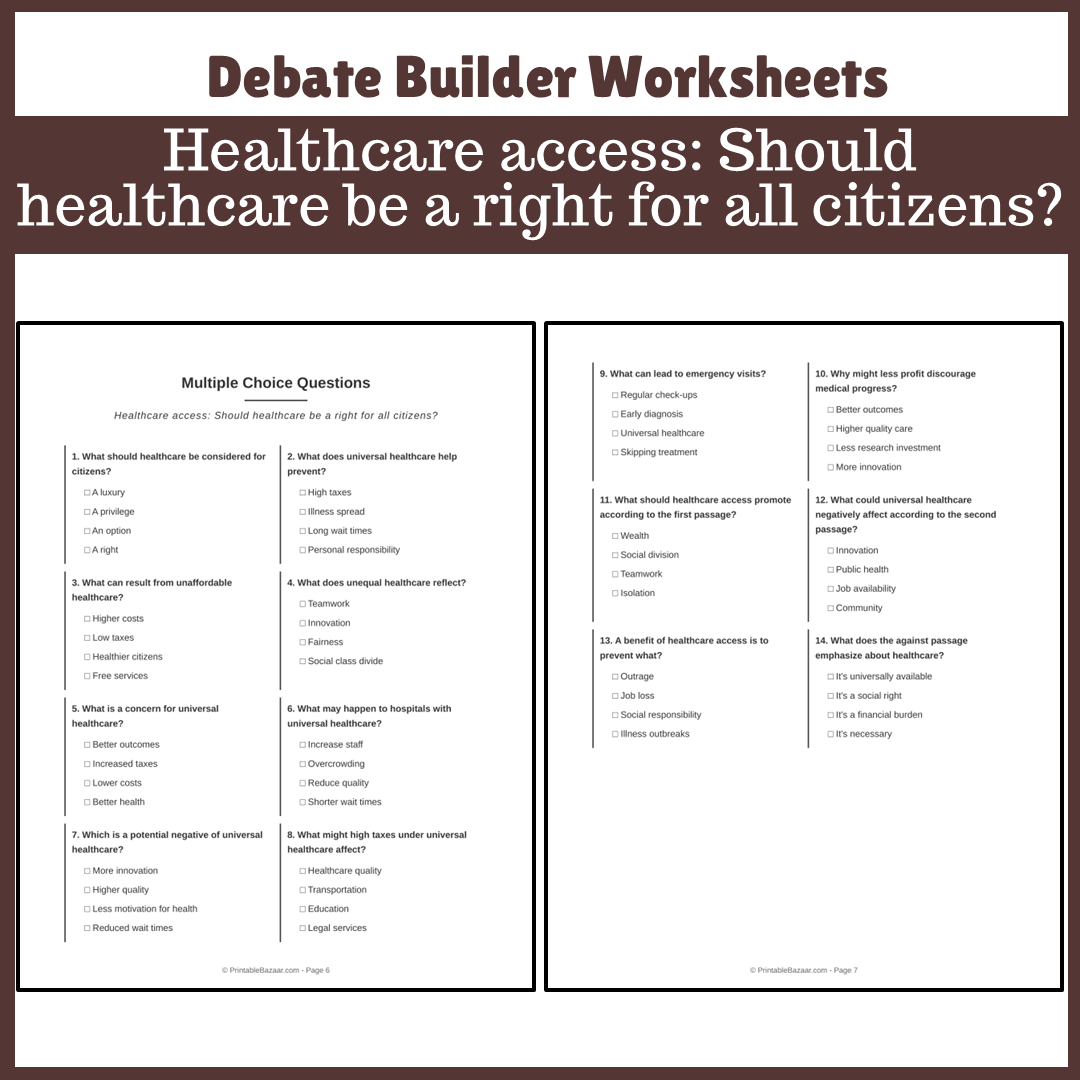 Healthcare access: Should healthcare be a right for all citizens? | Favour and Against Worksheet Printable Activity