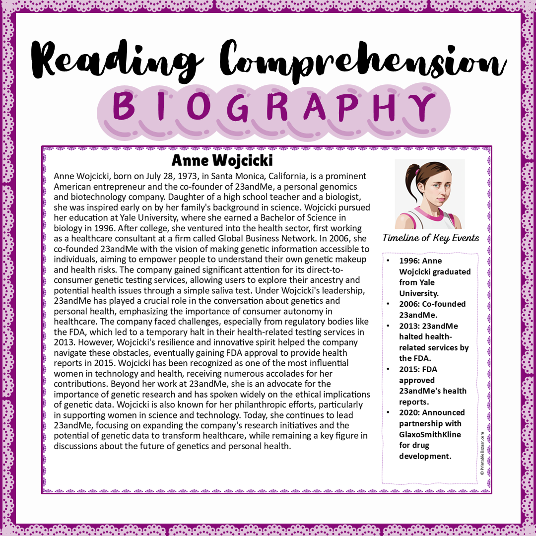 Anne Wojcicki | Biography Reading Comprehension and Questions Worksheet