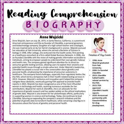 Anne Wojcicki | Biography Reading Comprehension and Questions Worksheet