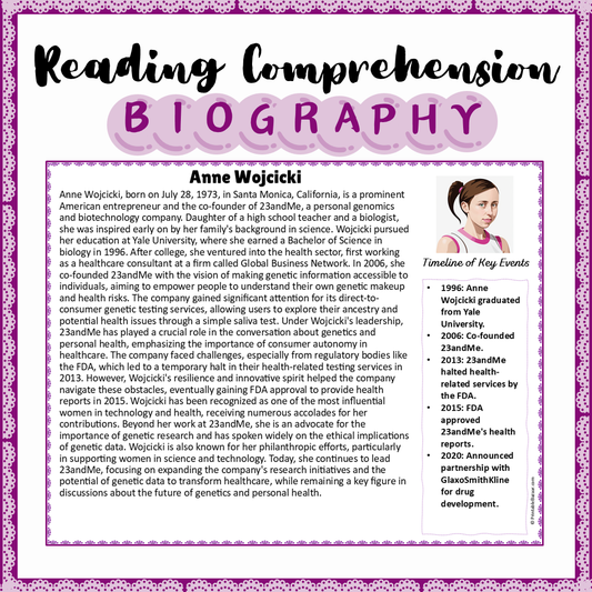 Anne Wojcicki | Biography Reading Comprehension and Questions Worksheet