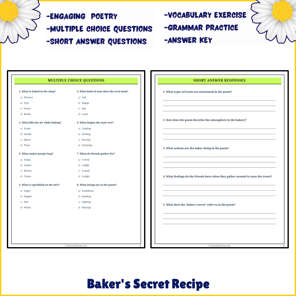 Baker's Secret Recipe | Poem Grammar Worksheet Printable Activity