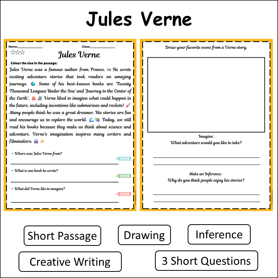 Jules Verne | Short Reading Comprehension Creative Worksheet