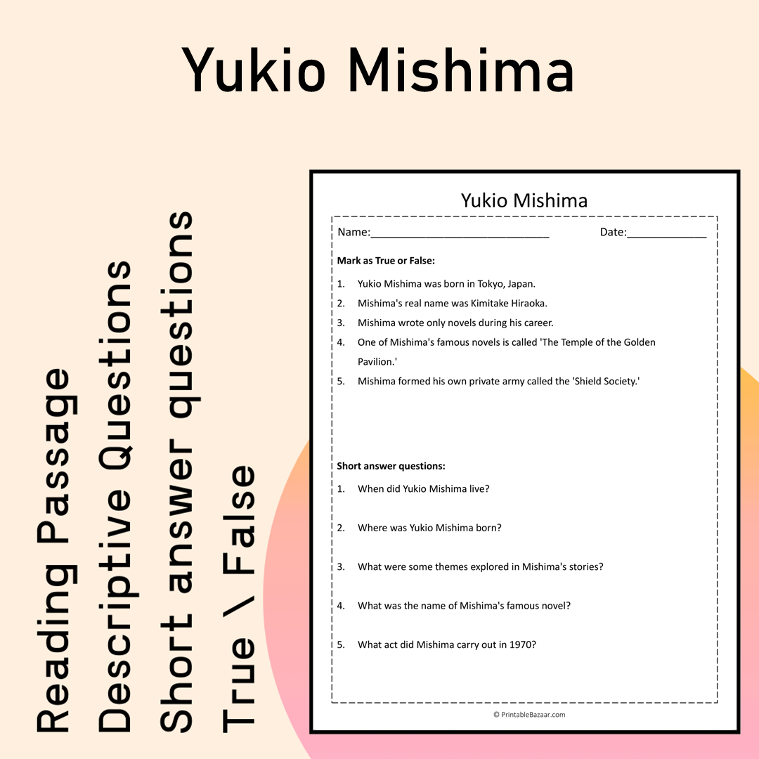 Yukio Mishima | Reading Comprehension Passage Printable Activity