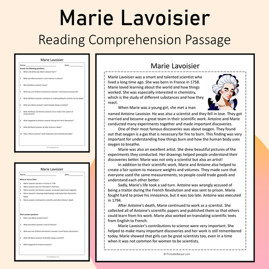 Marie Lavoisier | Reading Comprehension Passage Printable Activity