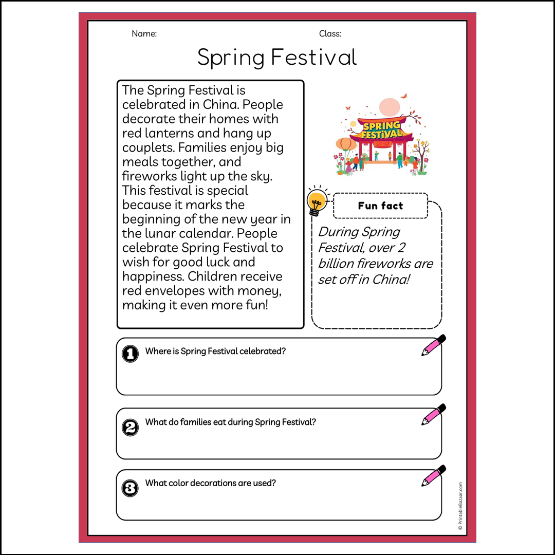 Spring Festival | Reading Passage Comprehension Questions Writing Facts Worksheet