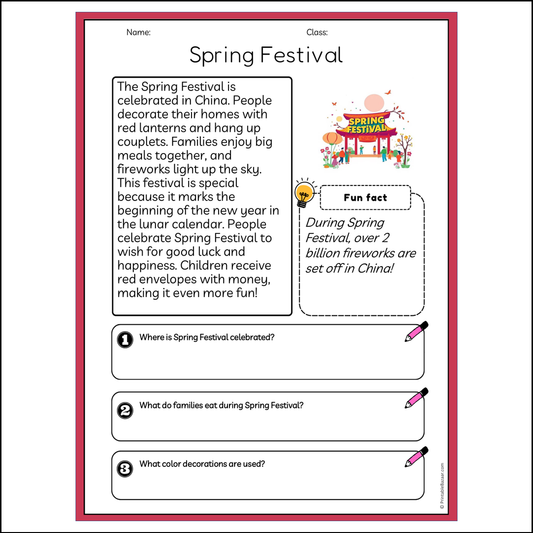 Spring Festival | Reading Passage Comprehension Questions Writing Facts Worksheet